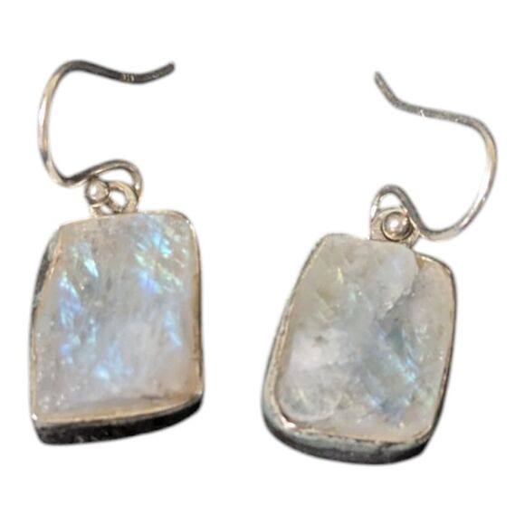Dangle Drop Earrings, Natural Moonstone Earrings, 925  925 Sterling Silver Natural Moonstone Dangle Earrings Rectangular Gemstone Drop